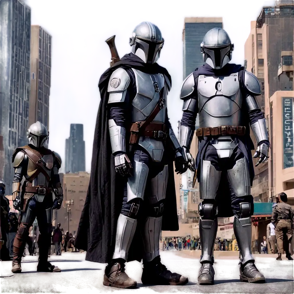 Mandalorians standing on a futuristic city street