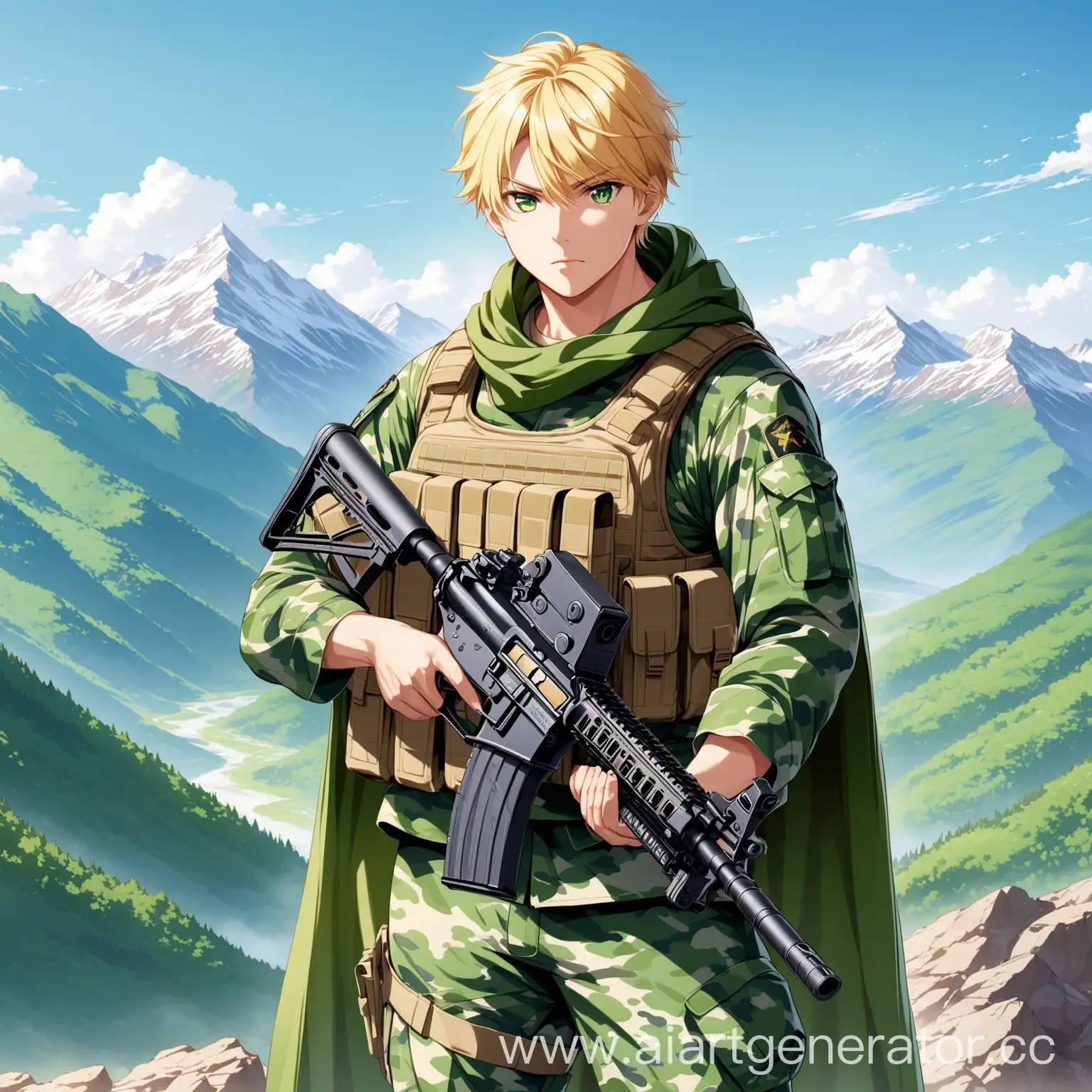 Man, blonde, short blonde hair, green eyes, military vest, green camo cape, assault rifle, assault rifle in hands, mountain background