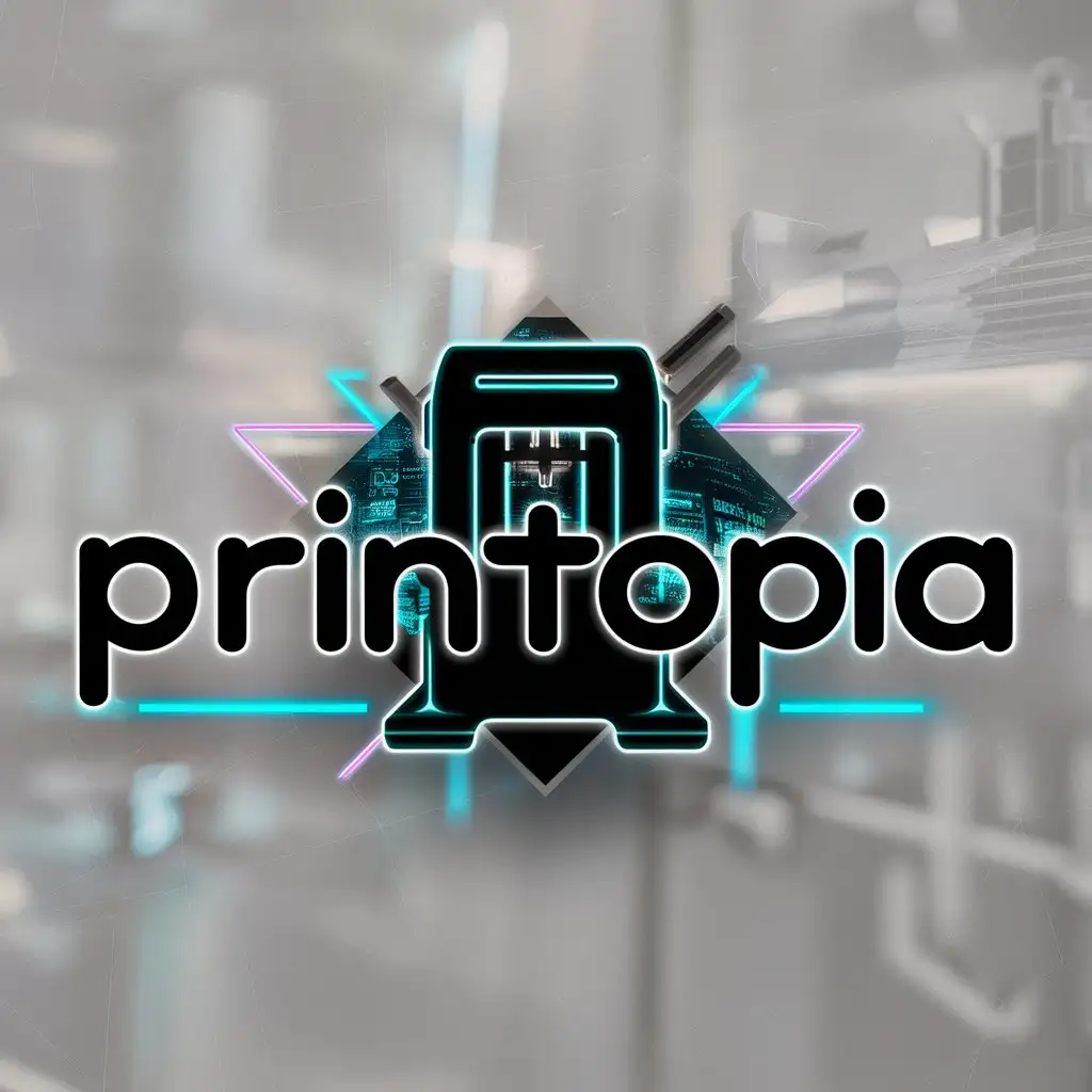 a logo design,with the text "Printopia", main symbol:3d printer in cyberpunk style,Moderate,be used in Technology industry,clear background