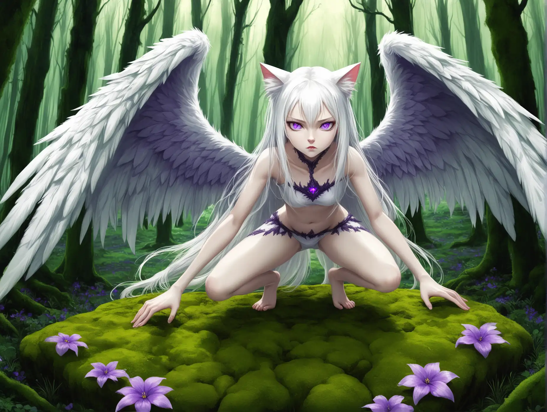 Wild-Young-Woman-with-Feathered-Wings-in-Lush-Forest-Preparing-to-Pounce