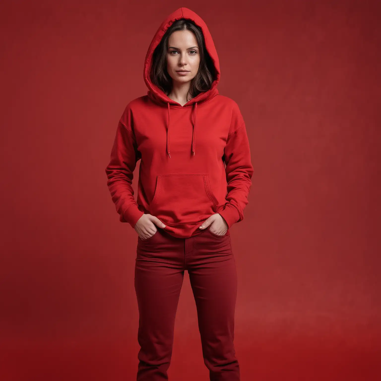 Slim Brunette Woman in Red Hoodie and Dark Pants on Red Background