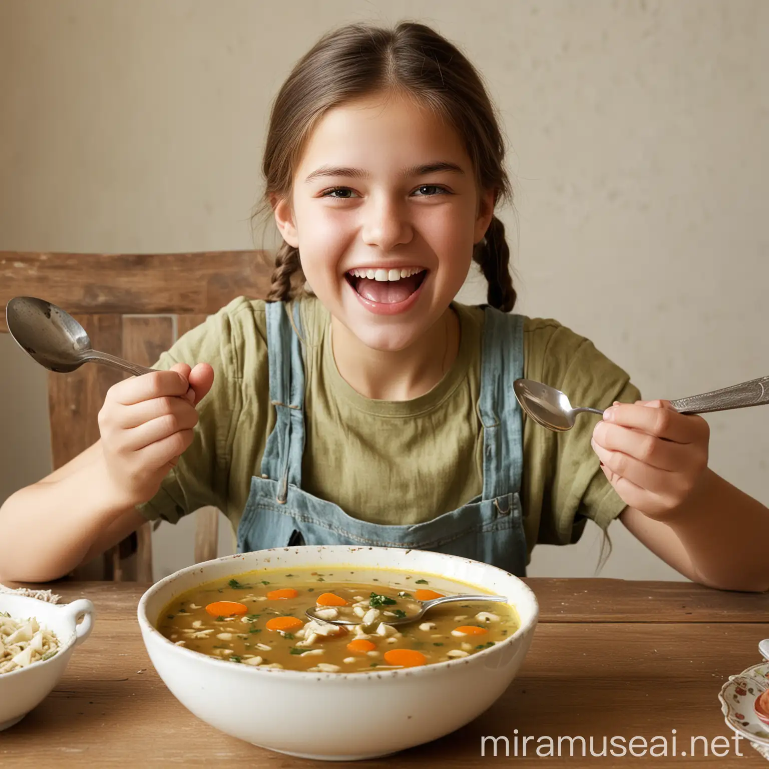 Cheerful Girl Ready to Enjoy Soup at the Table