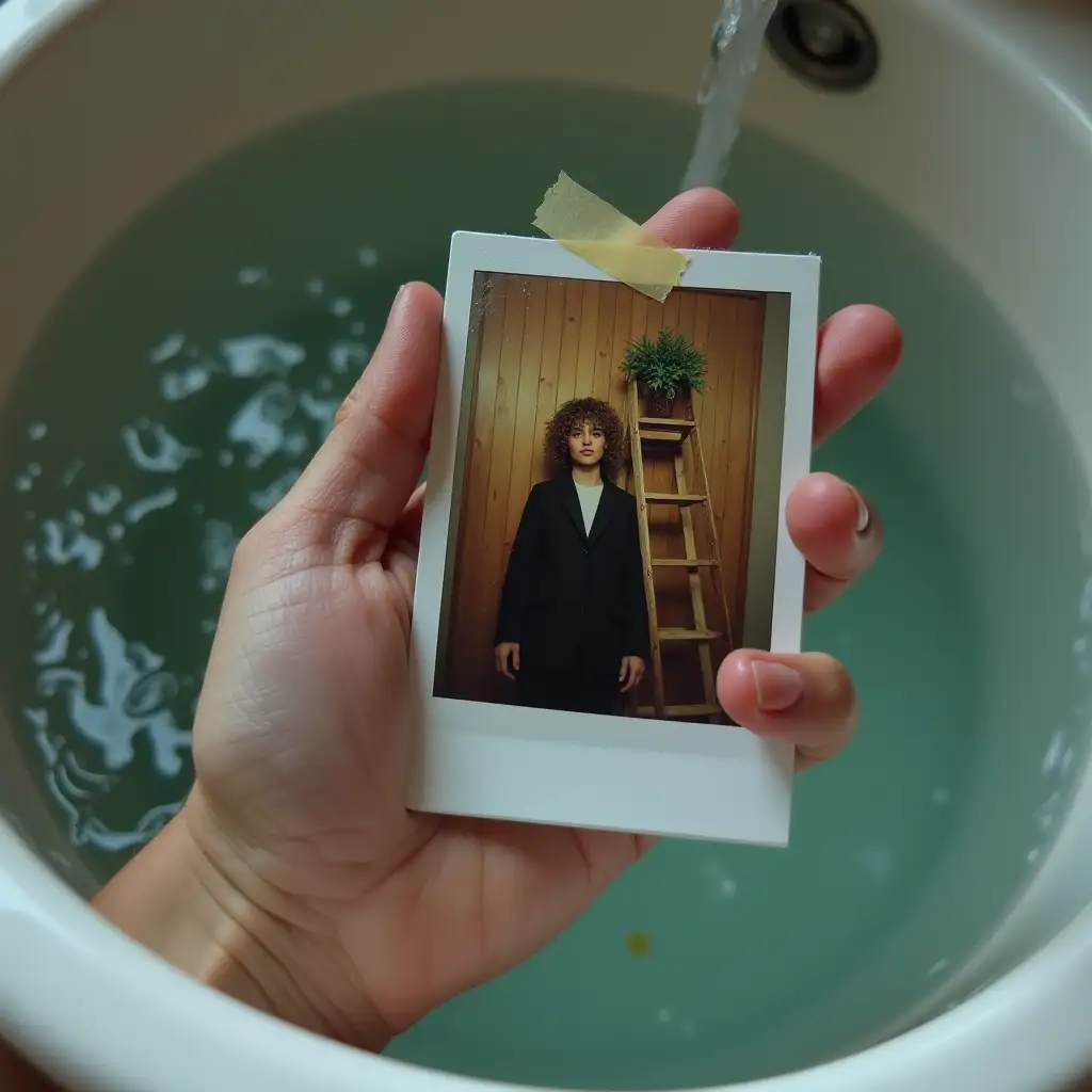 A realistic image of a human hand drowning in the water-filled sink, desperately grasping a Polaroid-style instant photograph. The fingers appear tense, partially submerged, with water rippling around them. The photograph within the hand depicts a person with curly hair, wearing black clothing, posing behind a wooden ladder against a wooden wall. A small decorative plant is attached to the top of the ladder. The edges of the Polaroid are slightly worn, with a piece of tape affixed to the top. The overall mood of the image is eerie and surreal, blending photography and reality in a haunting, dreamlike manner.