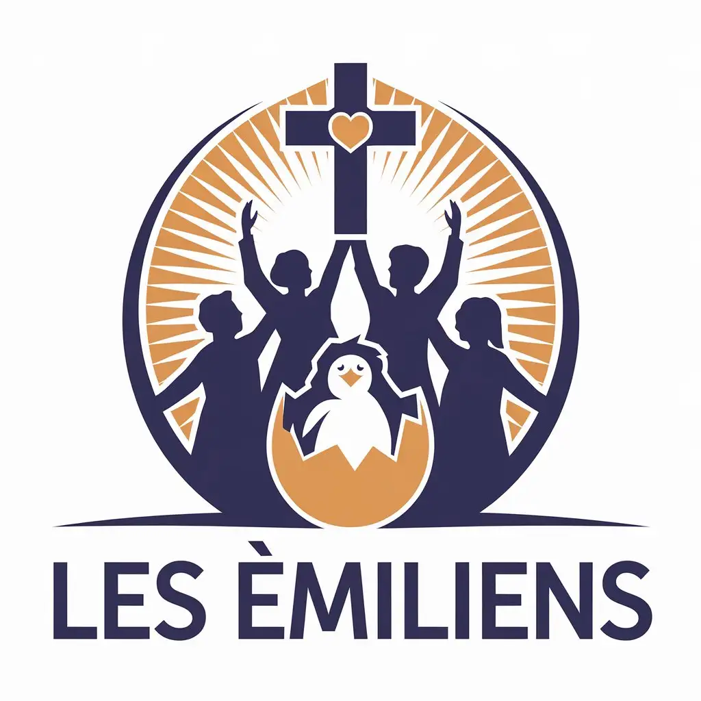 LOGO Design for Les miliens Silhouettes of People Raising Cross Heart and Hatching Chick Symbol