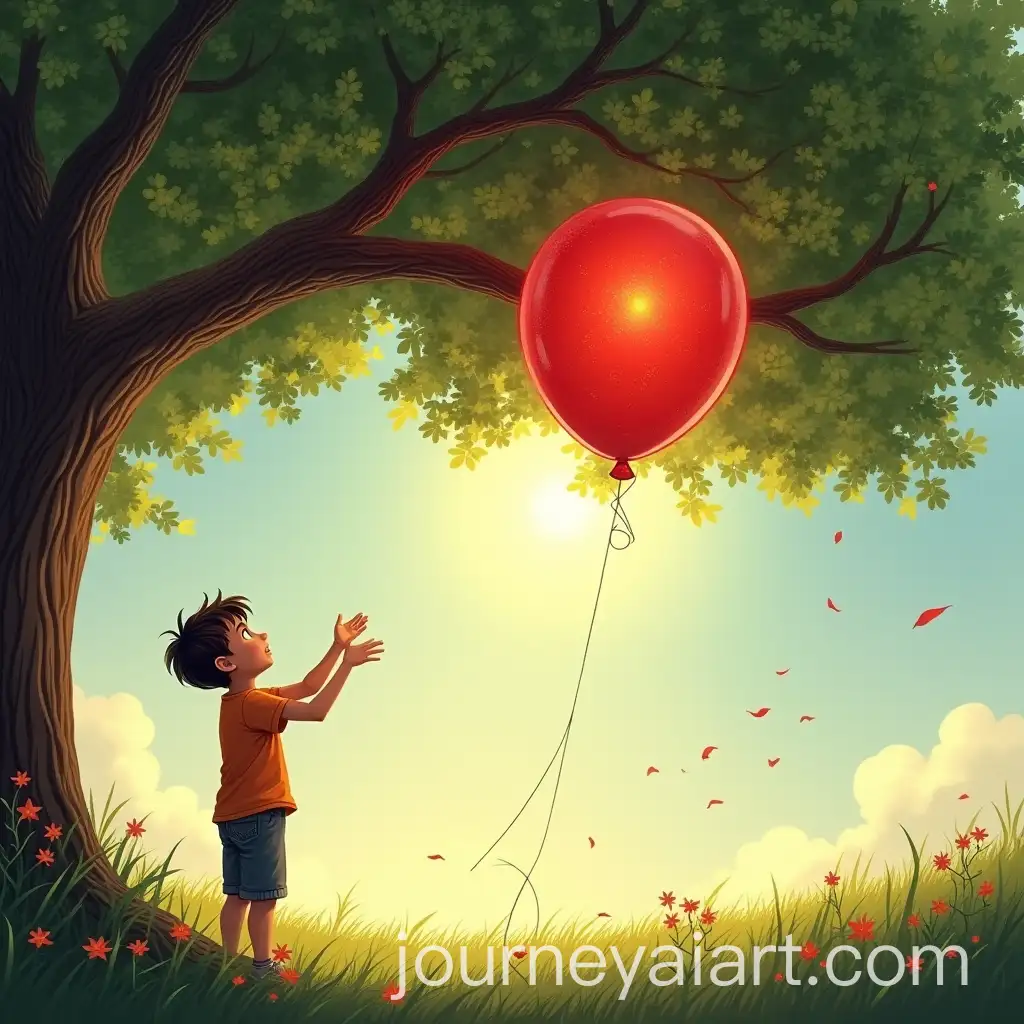 Curious-Boy-Reaching-for-Red-Balloon-Under-Oak-Tree