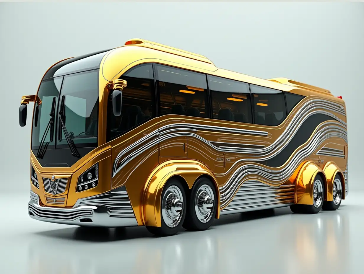 A super modern bus with a ten-story high gold and silver striped design with chrome wheels Cyberpunk