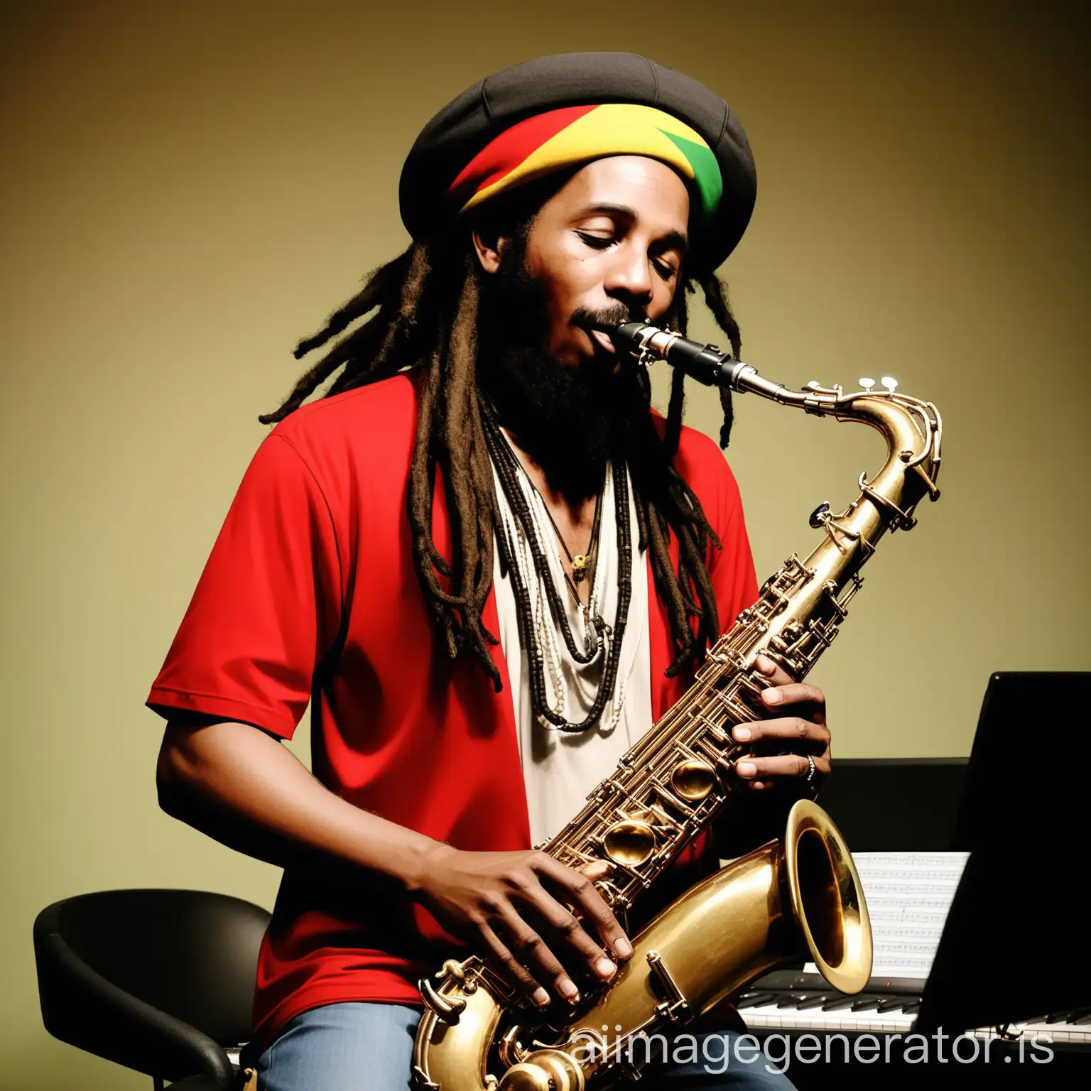 Rastaman-Playing-Tenor-Saxophone-in-Music-Studio-with-Reggae-Vibes