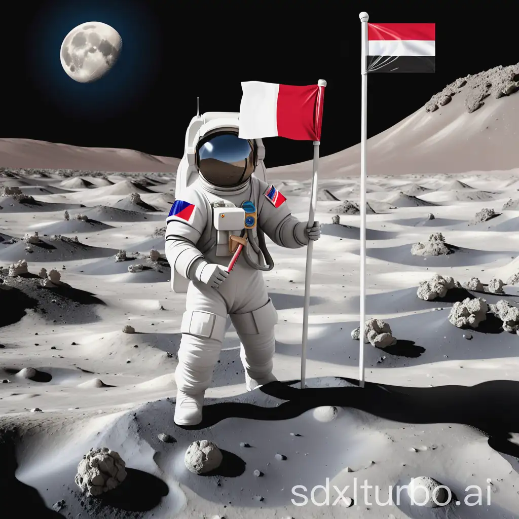 A Yemeni astronaut carrying the flag of Yemen on the surface of the moon.