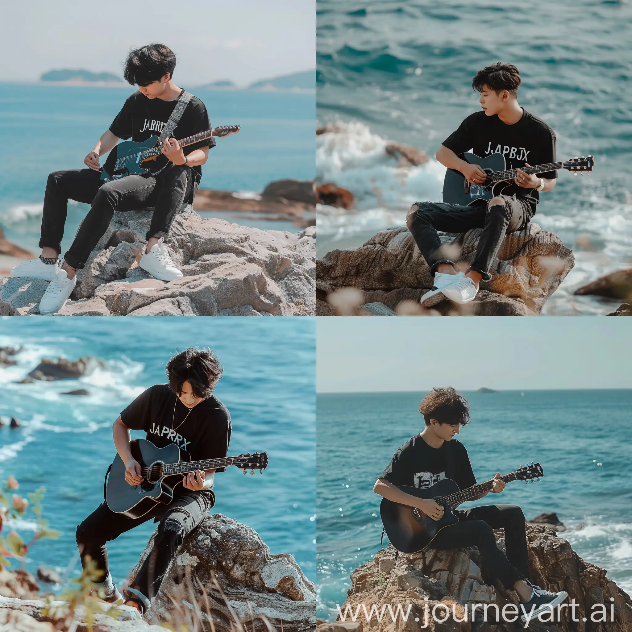 Handsome-Korean-Man-Playing-Guitar-on-Seaside-Rock-with-Waves