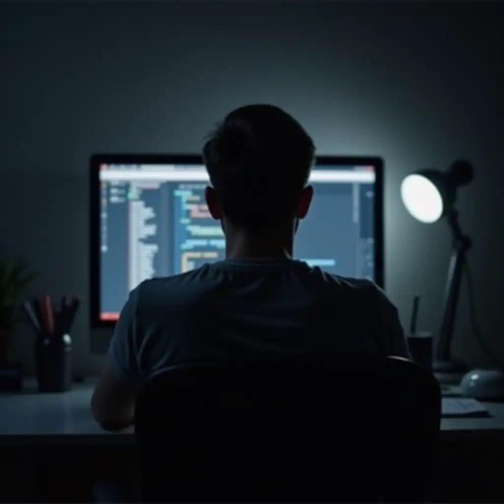 blurred image of a man sitting at a desk staring at a screen from the back in a dark room