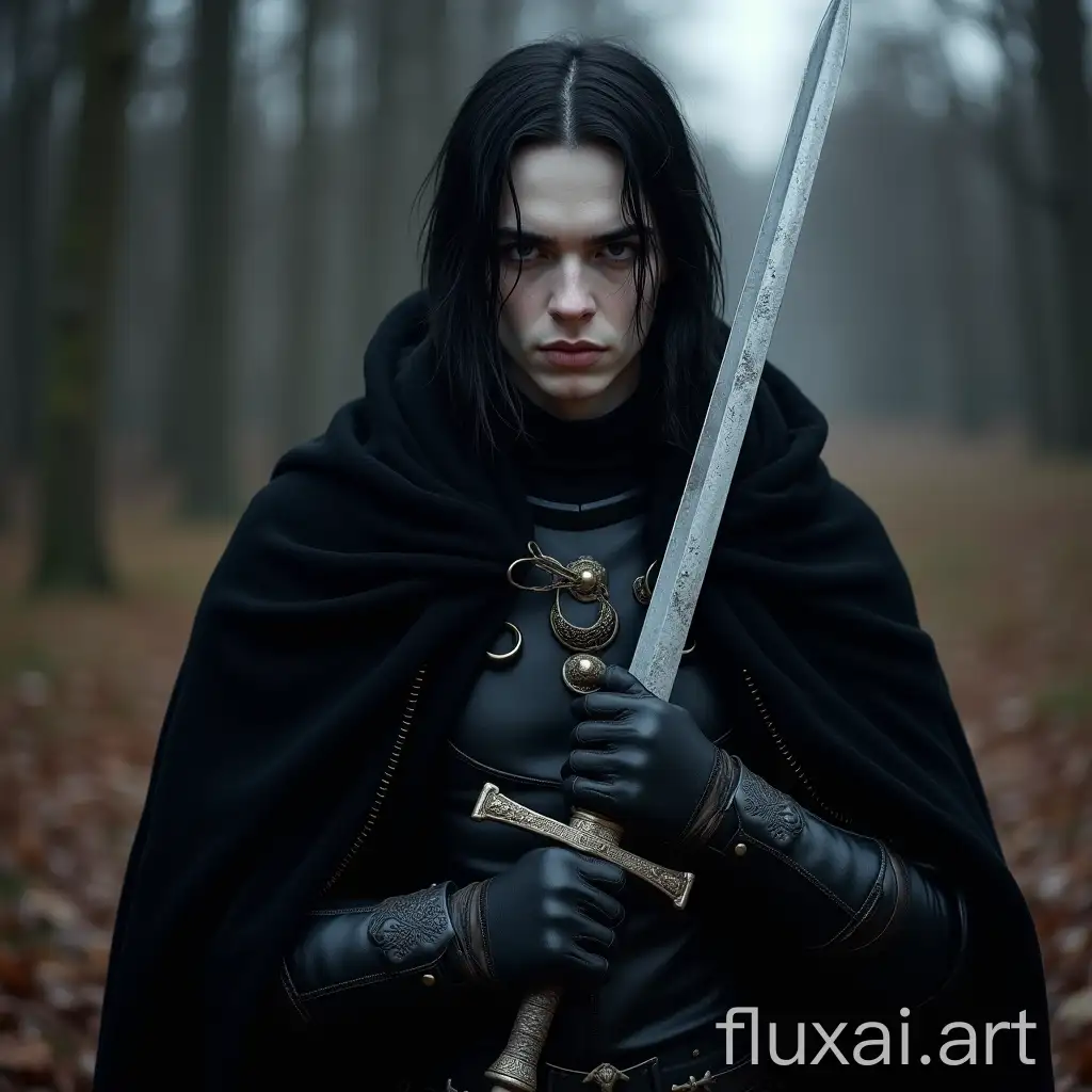 Russian warrior Russian hero, young man with black hair, white pale skin, with black eyes without pupils, vampire, in leather armor over black chain mail, black cloak, holding a sword in his hand, with a blade of silver, in the style of a witcher, in the autumn forest, at dusk, cold, dark, high detail, high resolution