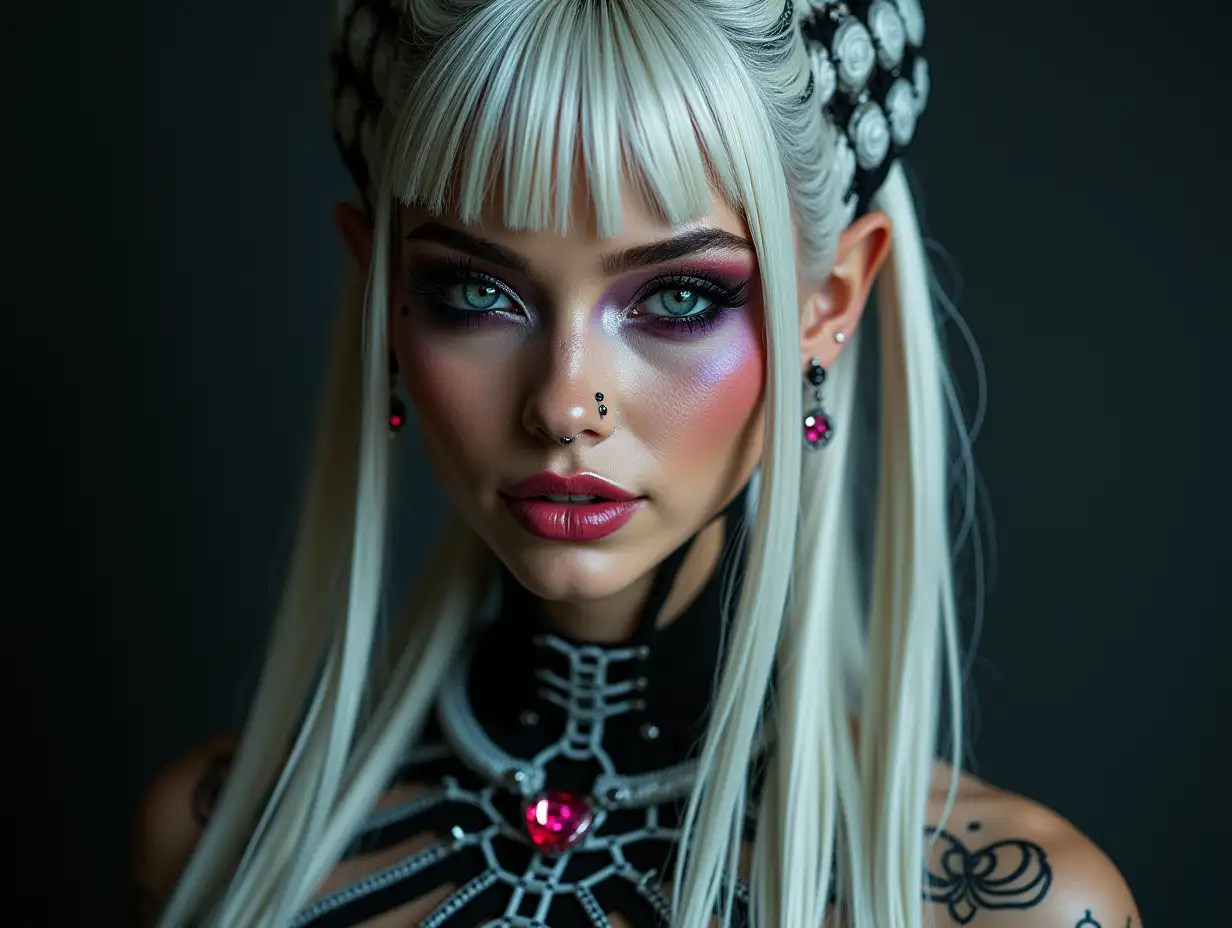 Depiction of a beautiful AlienWoman with makeup, shimmering around the eyes with a smile on her face-tattoo, futuristic long white and black-white checkered hair and laced boots, with intricately detailed, colorful and futuristic jewelry.Blurred black background 120-mm shot