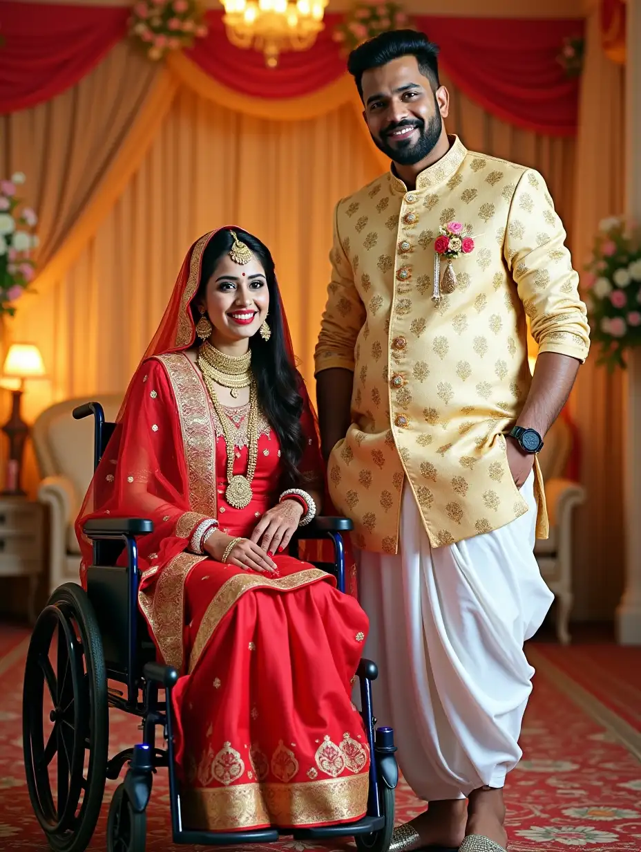 A bride sitting in a wheelchair. She is wearing red banarasi with beautiful design. She is wearing golden jewellery in her neck, ear and hand. She used red lipstick and looking very beautiful. She is smiling gently. Her skin tone in fair and glowing. She has beautiful long black hair. She used red nail polish in her hands and feet. She is not wearing any shoes and her legs are properly placed on the footrest of the wheelchair.  The groom is standing beside the bride. He is wearing beautifully designed punjabi and white dhoti. He is tall and handsome. He has a little beard and his head is full of black hair. His skin tone is fair and glowing. He is wearing classical design beautiful sandals. Use the background of beautiful marriage ceremony decoration. The image should be clearly visible from head to feet. 