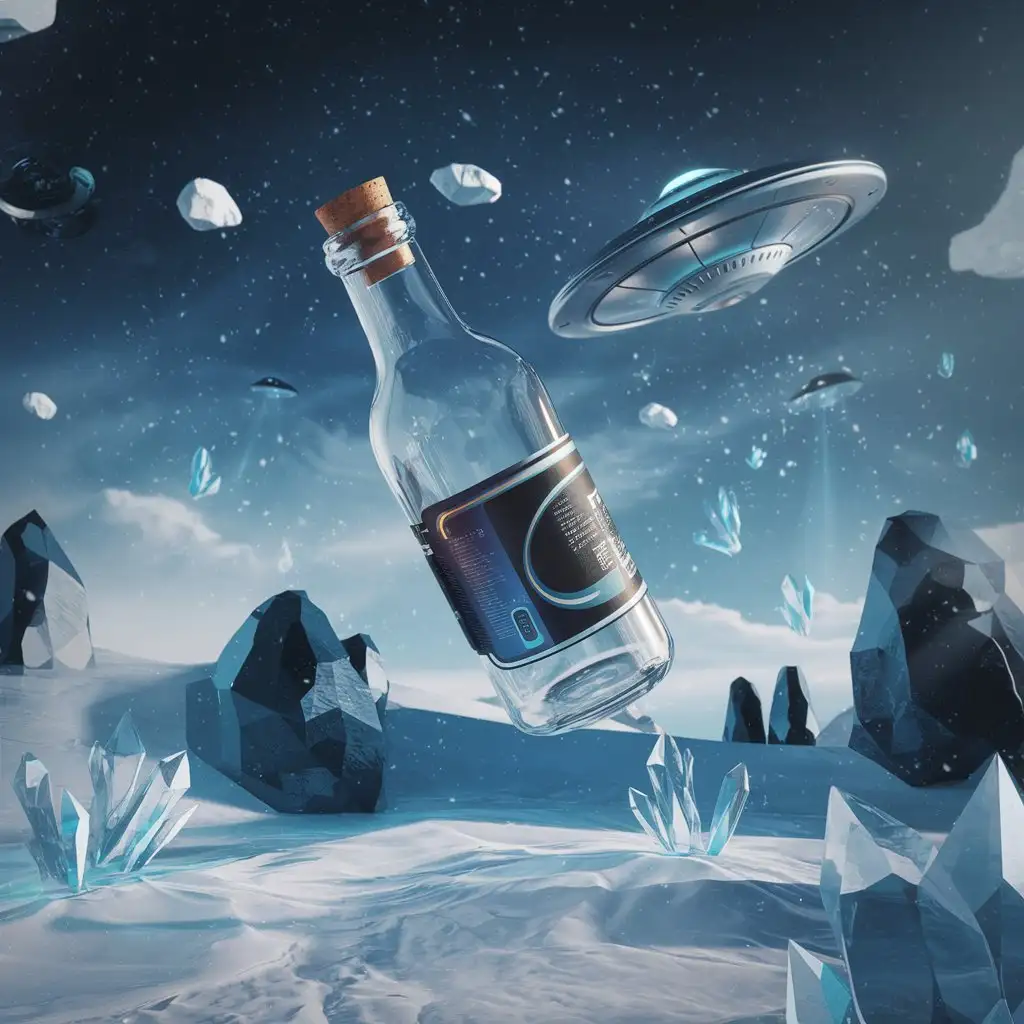 a bottle in the air on a backdrop of winter, space nature with 3d special effects