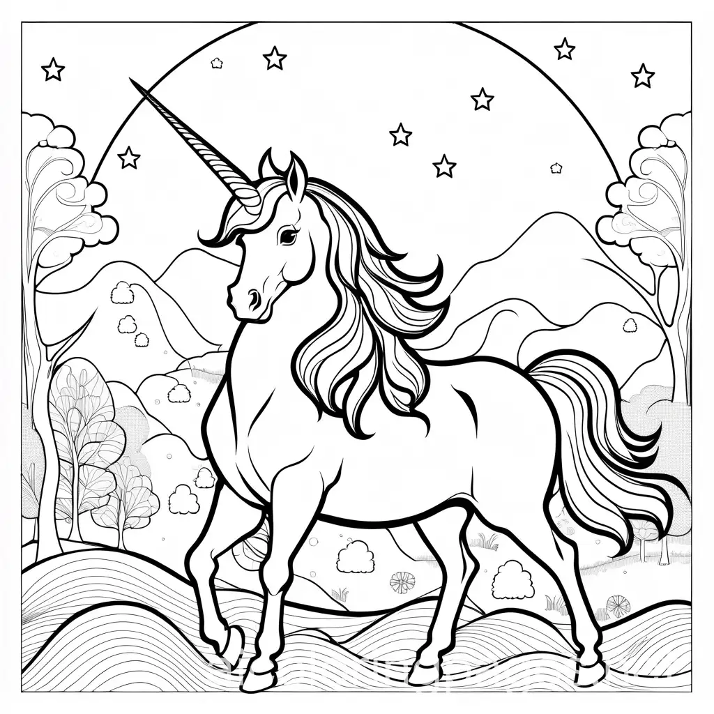 unicorns, Coloring Page, black and white, line art, white background, Simplicity, Ample White Space. The background of the coloring page is plain white to make it easy for young children to color within the lines. The outlines of all the subjects are easy to distinguish, making it simple for kids to color without too much difficulty