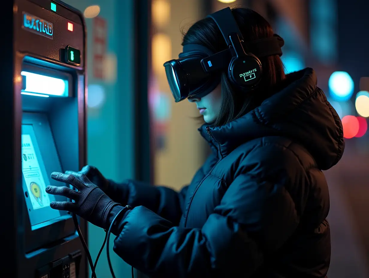 a young stealth techwear female hacker on a street at night, programming atm machine, hands covered, wearing puffer jacket, cybernetic headband, vr goggles, headphones, smartwatch over full electronic gloves, overflowing with wearable cyberpunk hardware, many wires connected from atm to gloves