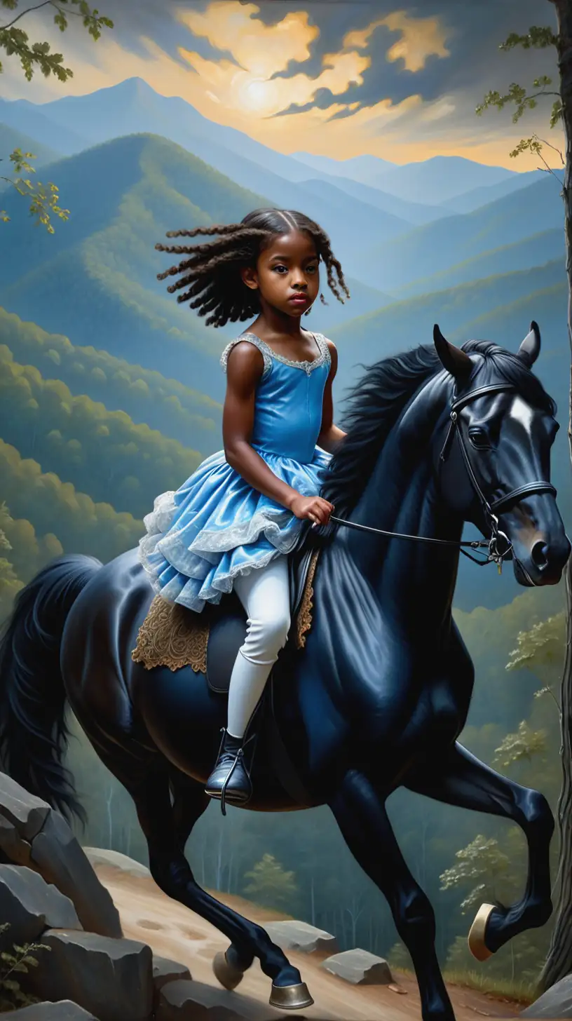 Young African American Girl Riding a Black Horse in Baroque Style