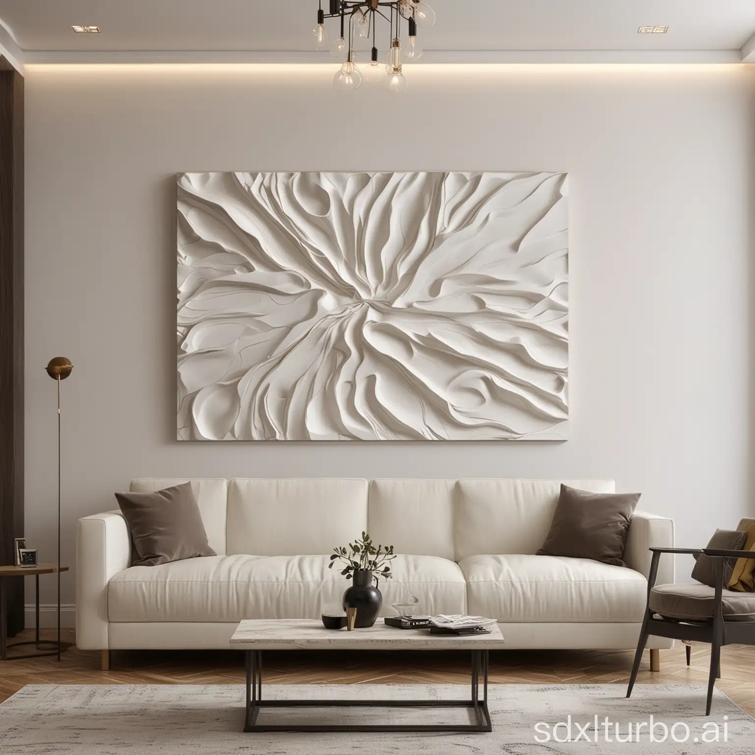 Abstract wall art, 3D sculpture, bold shape, background is living room, rectangle canvas,horizontal, smooth surface, living room, elegant minimalist design, modern home decor, real life, front view, 100x75cm horizontal