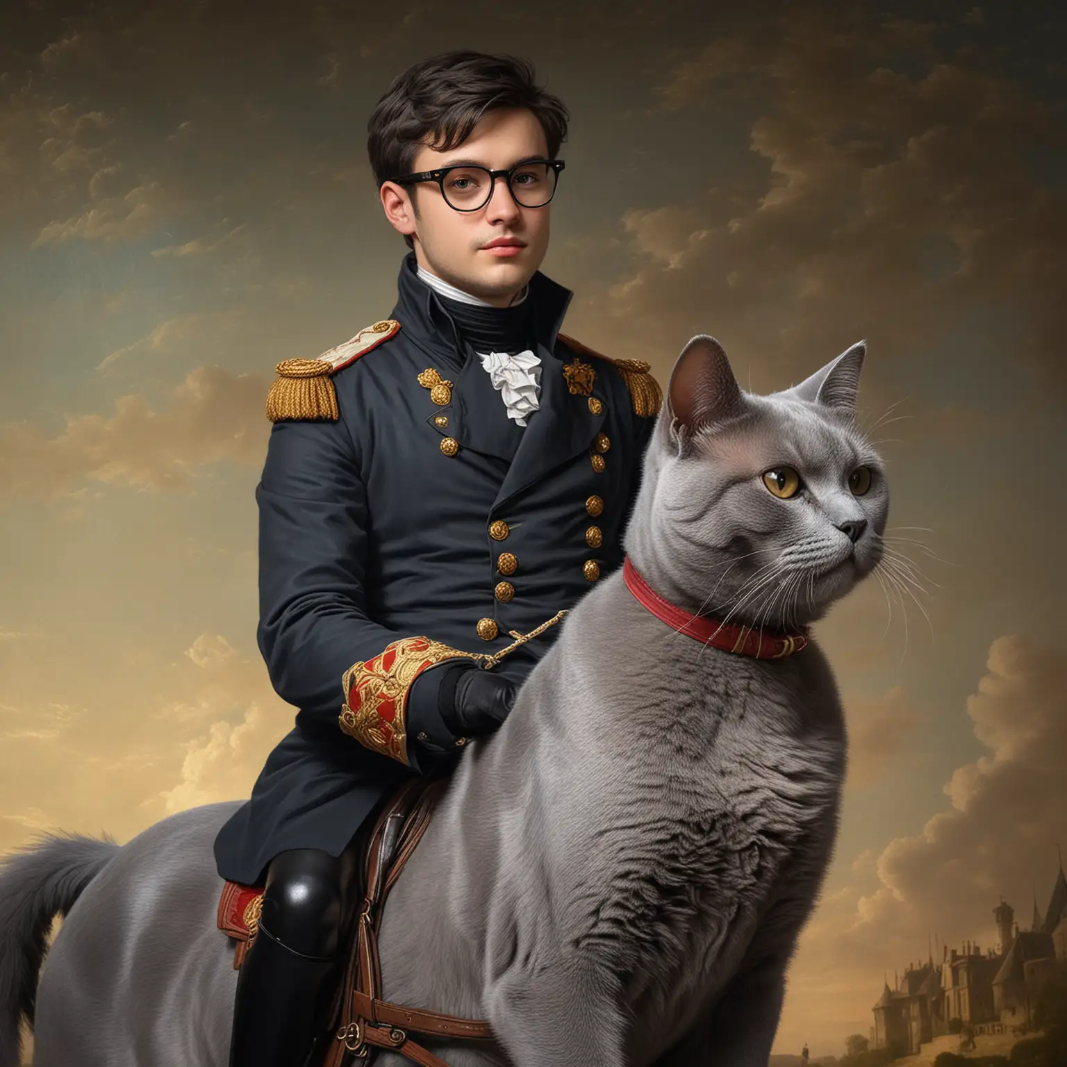 Young white european male with a short black beard and wearing glasses is riding a dark grey color fat British short hair cat, image it's influenced by napoleon riding a horse, but this time the man is riding the cat like a horse