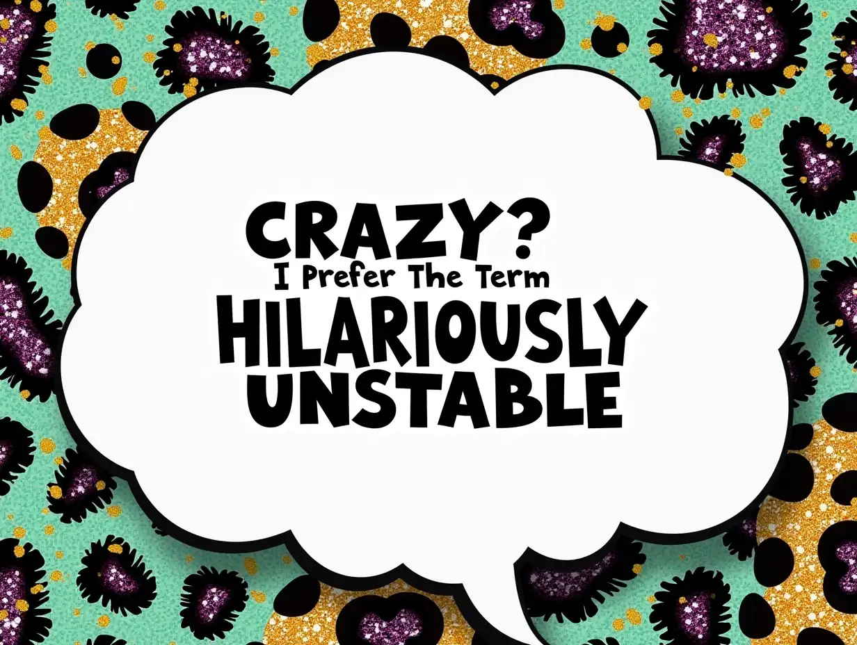 Bold graphic design featuring a vibrant, animal print background with a mix of golden and jewel-toned glitter textures. The scene employs a playful, humorous tone, emphasizing the phrase 'Crazy? I prefer the term HILARIOUSLY UNSTABLE' in large, expressive font. Use contrasting black text against a soft white speech bubble to enhance legibility and impact. The overall aesthetic is fun and whimsical, blending elements of pop art and modern typography, with a lively color palette including greens, blues, golds, and deep purples to create a sense of energy and playfulness.