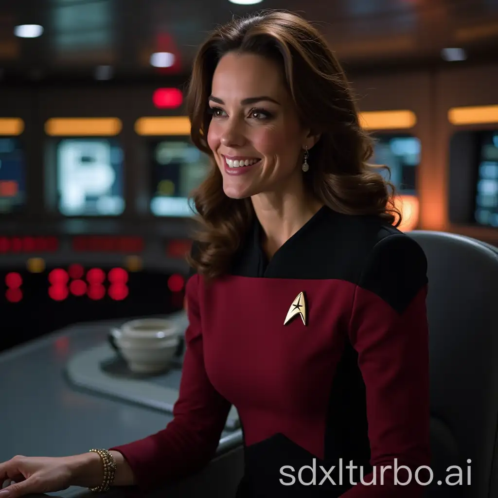 duchess kate middleton as a star trek starfleet officer on the bridge of a star trek shuttle