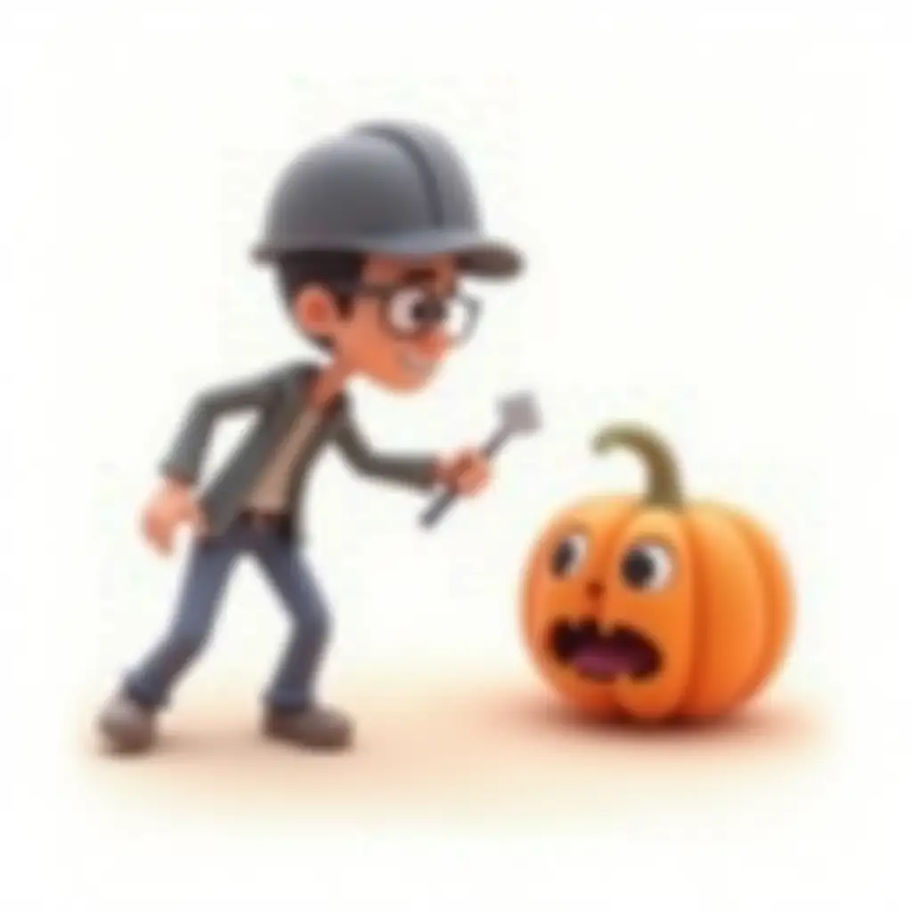 Worker-Disguising-Evidence-with-Animated-Halloween-Pumpkin
