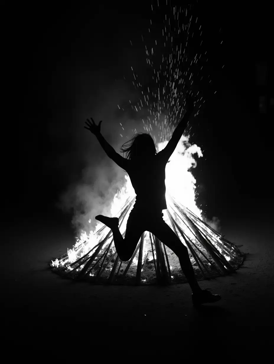 A black and white photograph captures a dramatic scene of a girl silhouetted against a large bonfire at night. The individual, positioned centrally in the frame, appears to be in motion, possibly dancing or leaping, with one leg raised and arms outstretched. The fire, constructed from a pile of branches and twigs, blazes intensely, creating a stark contrast against the dark backdrop. Sparks and embers are visible, rising and scattering into the night sky, adding to the dynamic energy of the scene. The overall composition emphasizes the interplay between light and shadow, highlighting the figure's outline and the flickering flames. The ground around the fire is dark and textured, suggesting an outdoor setting. The photograph evokes a sense of primal energy and freedom.