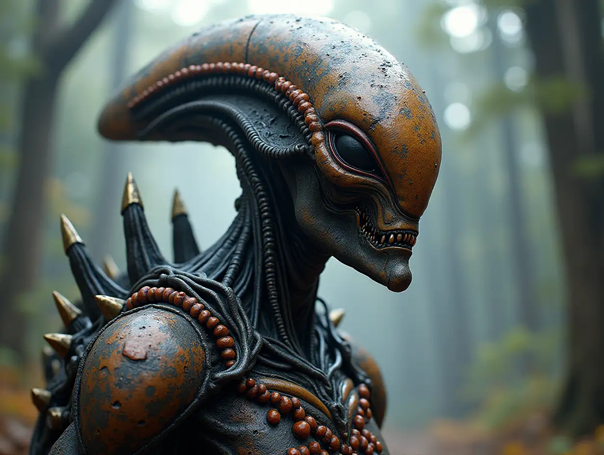 Hyperrealistic portrait of a gpanzerter metal alien king 10 meters tall with the intricately detailed, colorful forested planet background