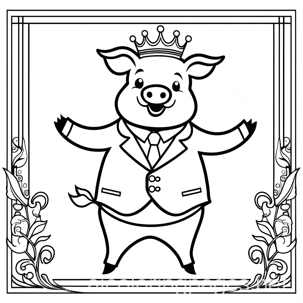 Playful-Dancing-Pig-in-Suit-and-Crown-Coloring-Page