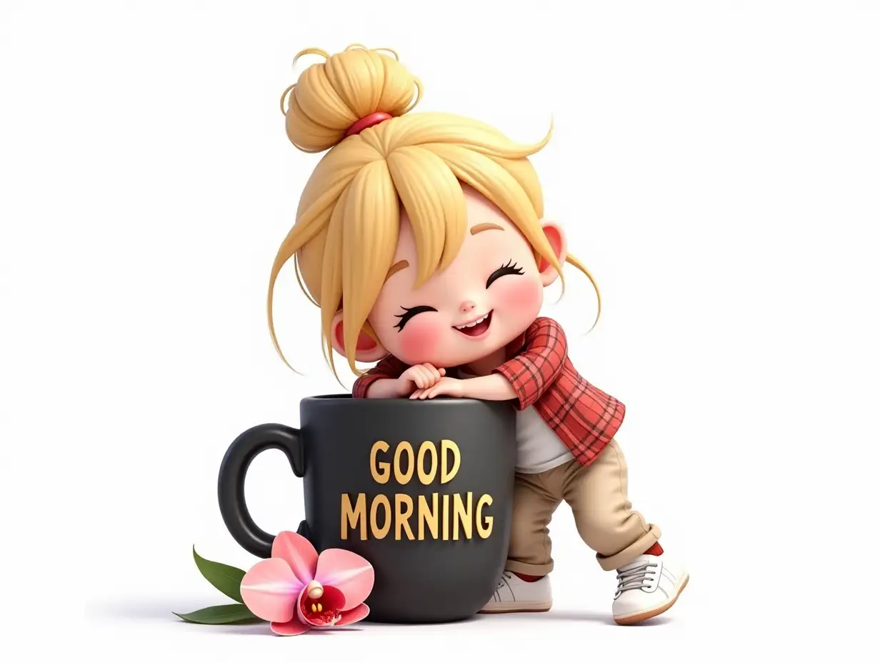 A cute cartoon blonde girl with bun hair playfully leans on a large black coffee mug with a gold inscription 'GOOD MORNING'. She is wearing a white top, a red plaid shirt and beige joggers. Her casual white sneakers complement the look, and an orchid flower placed in front of the mug adds color to the scene. The background is white. Bright colors. Watercolor 3d illustration