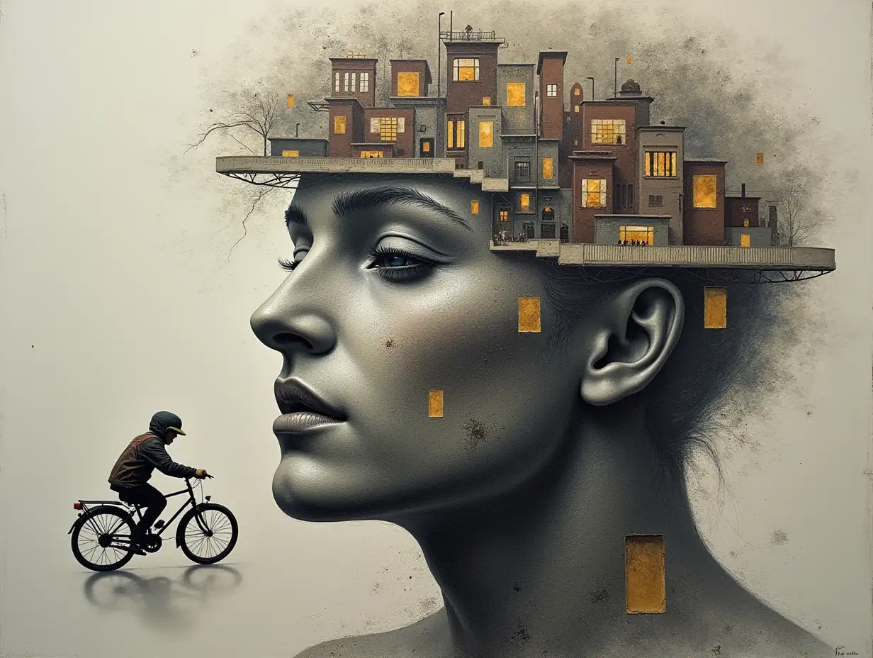 Face with hair transformed into building with bicycle