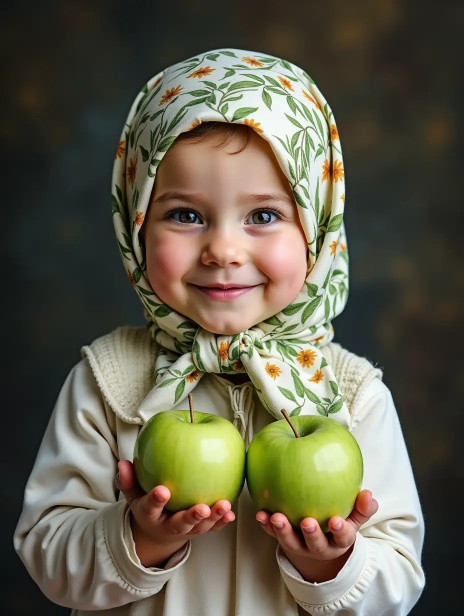 watercolor, acrylic, random pose white child, girl in a Slavic headscarf with two green apples, professional photo, smiling, inspired by Elizabeth Forbes, mischievous facial expression, dark blurred background