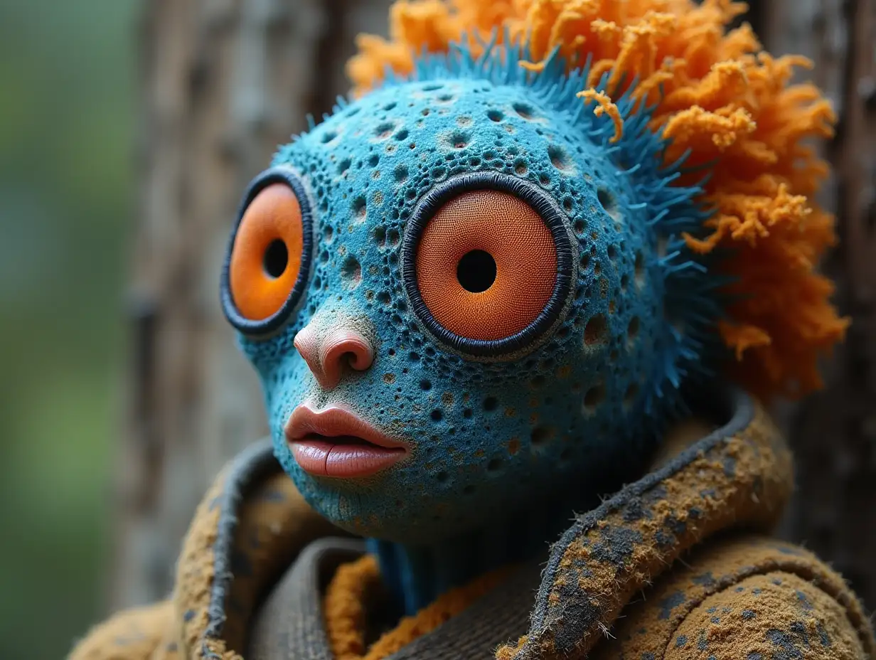 Face with blue Fly AgaricnRoots transformed into building