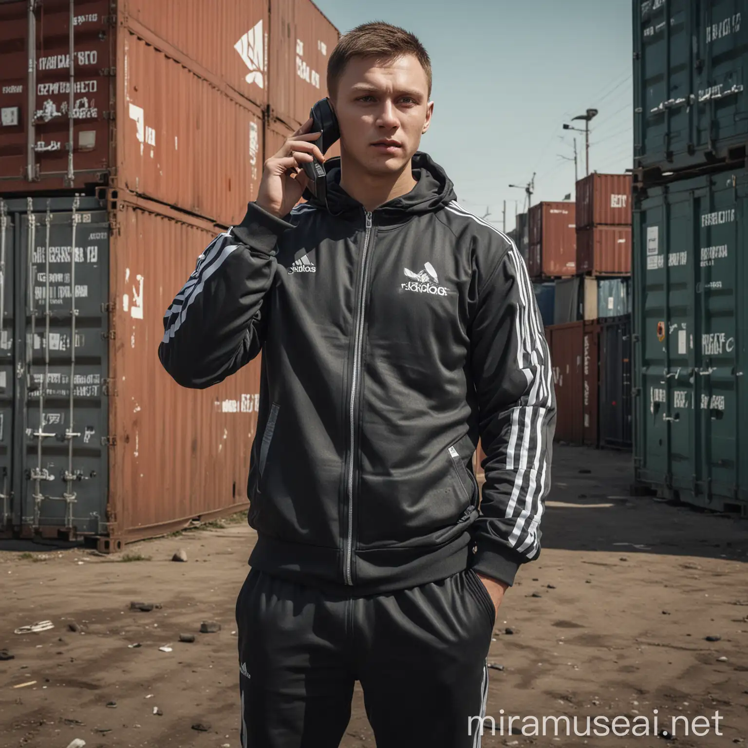 Skier Trader in Adidas Tracksuit with Shipping Containers Background