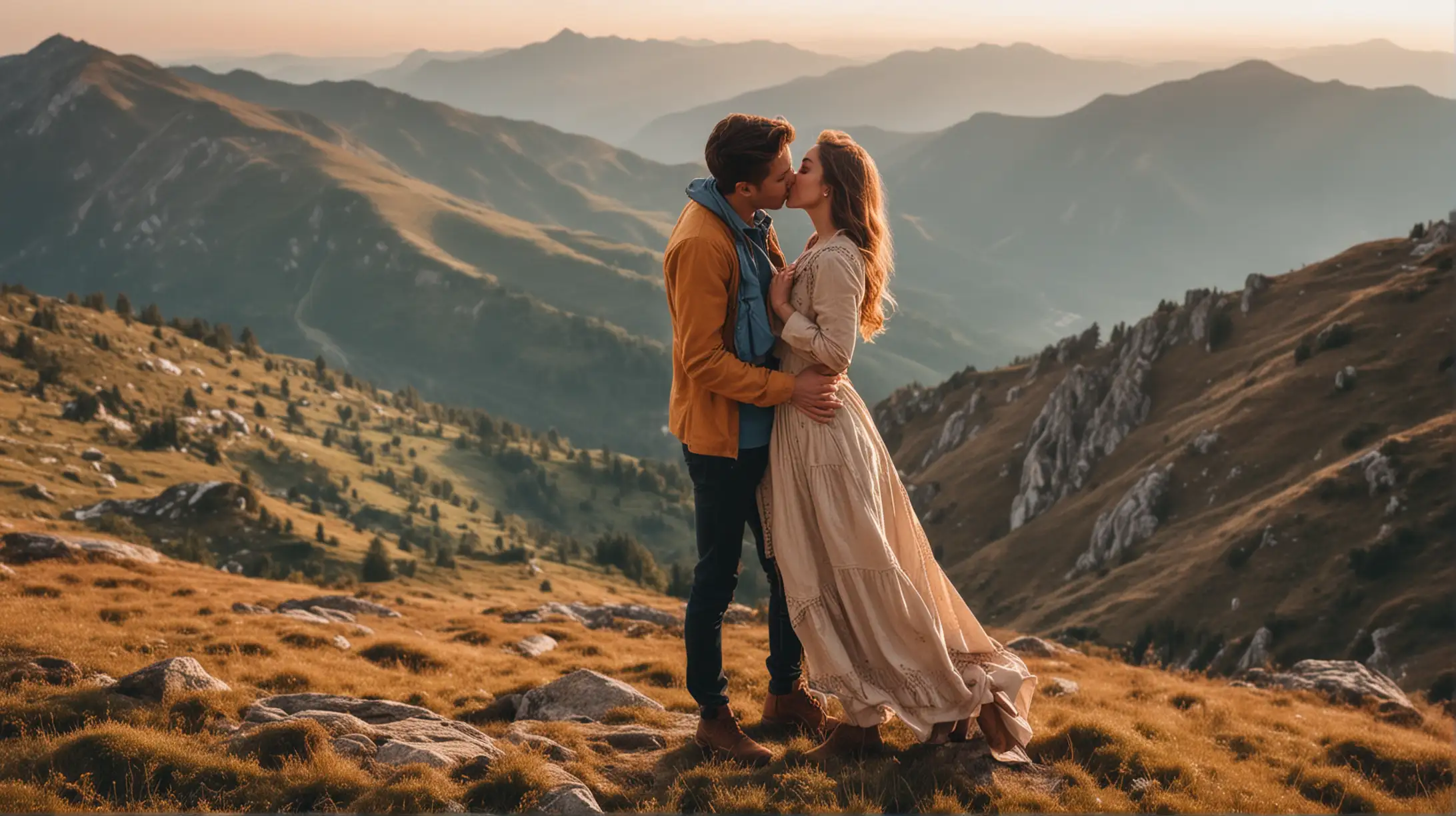 Romantic Couple Kissing Against a Majestic Mountain View