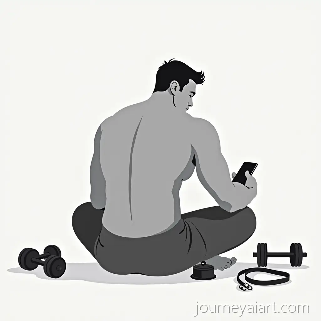 MuscularMuscular-figure-with-gym-equipment-Male-Figure-Sitting-with-Dumbbells-and-Resistance-Bands-in-Minimalist-Monochrome-Style