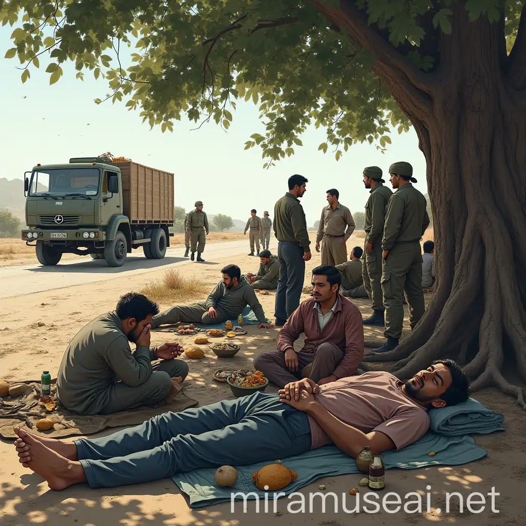 Sad Gathering Under a Tree Amidst Soldiers and a Cargo Truck