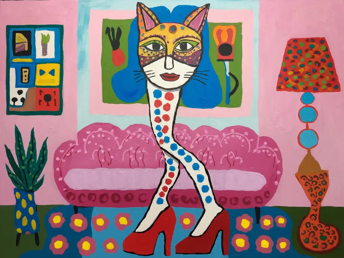 Feminist-Girl-with-Cat-Mask-in-Abstract-Primitivist-Style-Inspired-by-Mondrian-and-Kusama