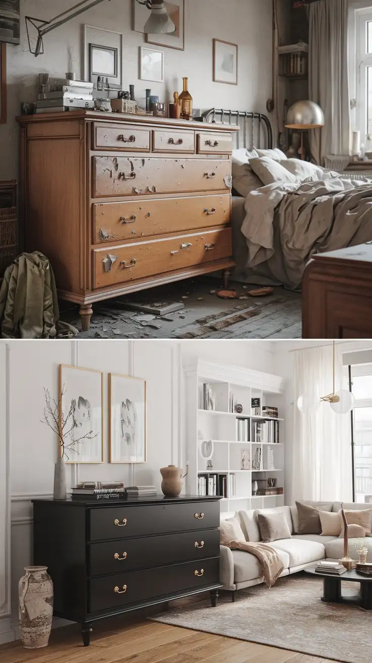 Wooden-Dresser-Transformation-WornOut-to-Matte-Black-with-Gold-Handles-in-Modern-Living-Room