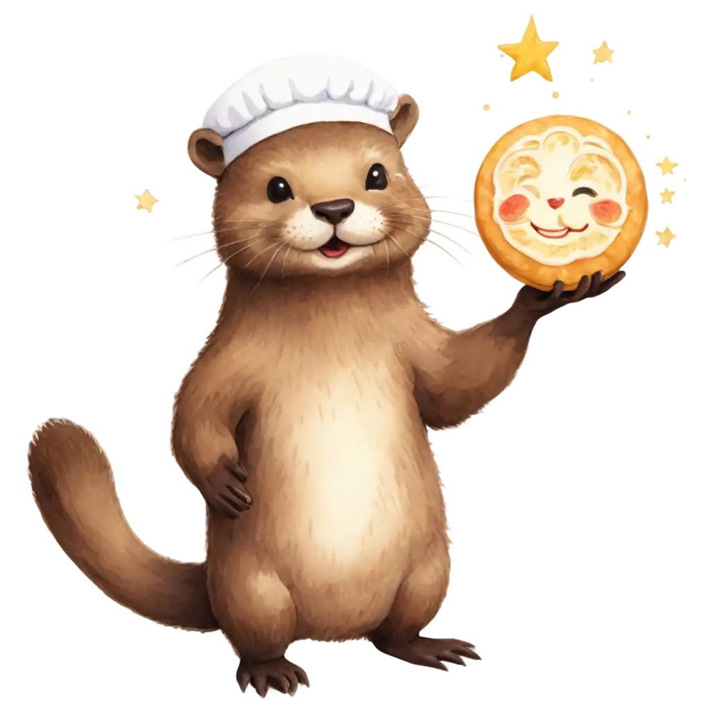 A cute otter making moon cake happily with a white chef hat ,tender water color style