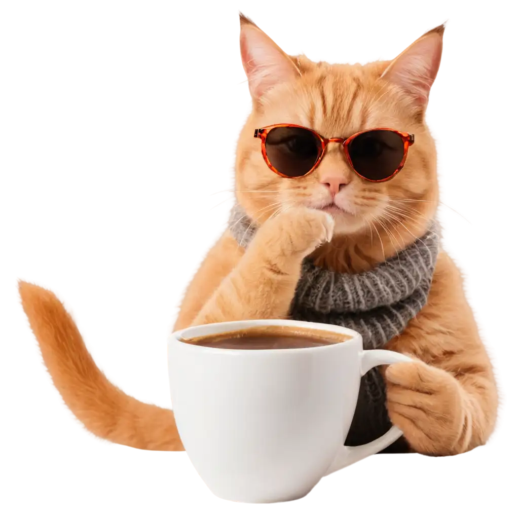 A cat Wearing sunglasses sipping coffee from mug