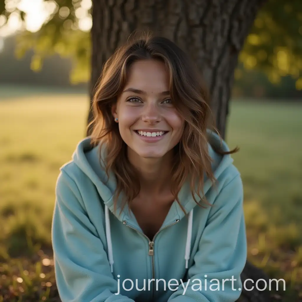 Cute-Model-Girl-Sitting-Under-Tree-in-the-Countryside-with-Warm-Lighting