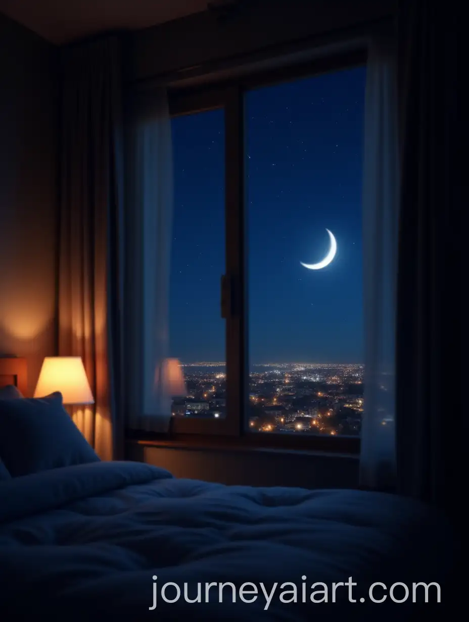 Cozy-Bedroom-at-Night-with-Cityscape-View-and-Crescent-Moon