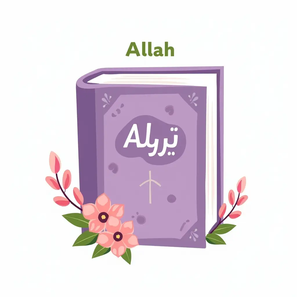 The image is an illustration of a book with a purple cover and a white background. The book is in the center of the image, with the word 'Allah' written in Arabic script above it in a cursive font. The cover of the book is decorated with a floral pattern in pink and green colors. Around the book, there are two pink flowers and green leaves. The overall design is simple and cartoon-like.