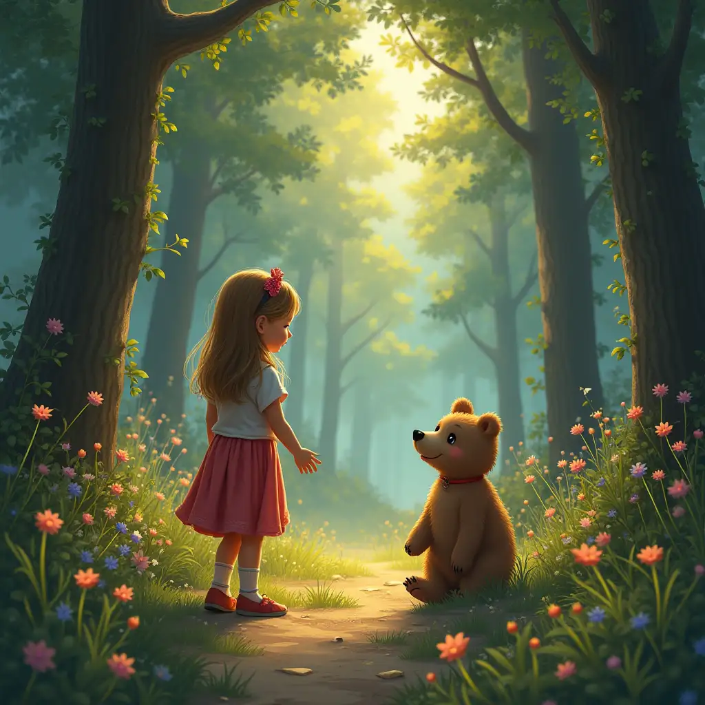 A little girl got into a magical world and met a bear cub on the way