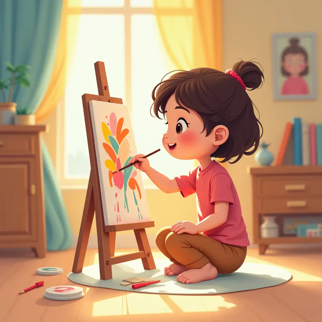 A girl painting in a cozy room. 2d flat illustration  Character Design: Make characters relatable and visually appealing, with simple shapes and bright colors. Setting: Create imaginative and engaging backgrounds that complement the story. Color Palette: Use a limited color palette to enhance readability and visual clarity. Composition: Use simple compositions that are easy for young children to understand. Line Art: Use clean, bold lines that are easy to see and follow.