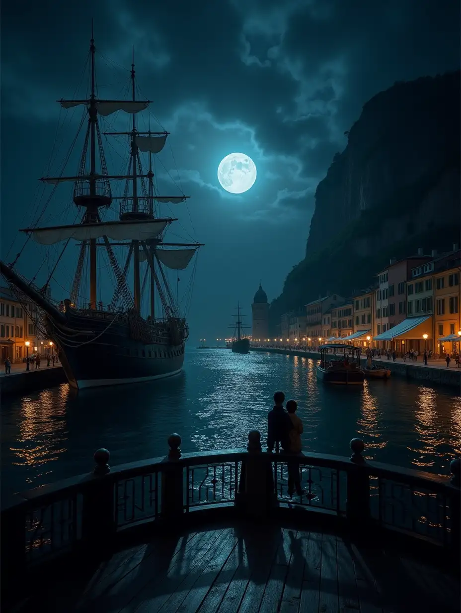 Dark-Fantasy-Nighttime-View-from-Galleon-in-Lively-Italian-Port