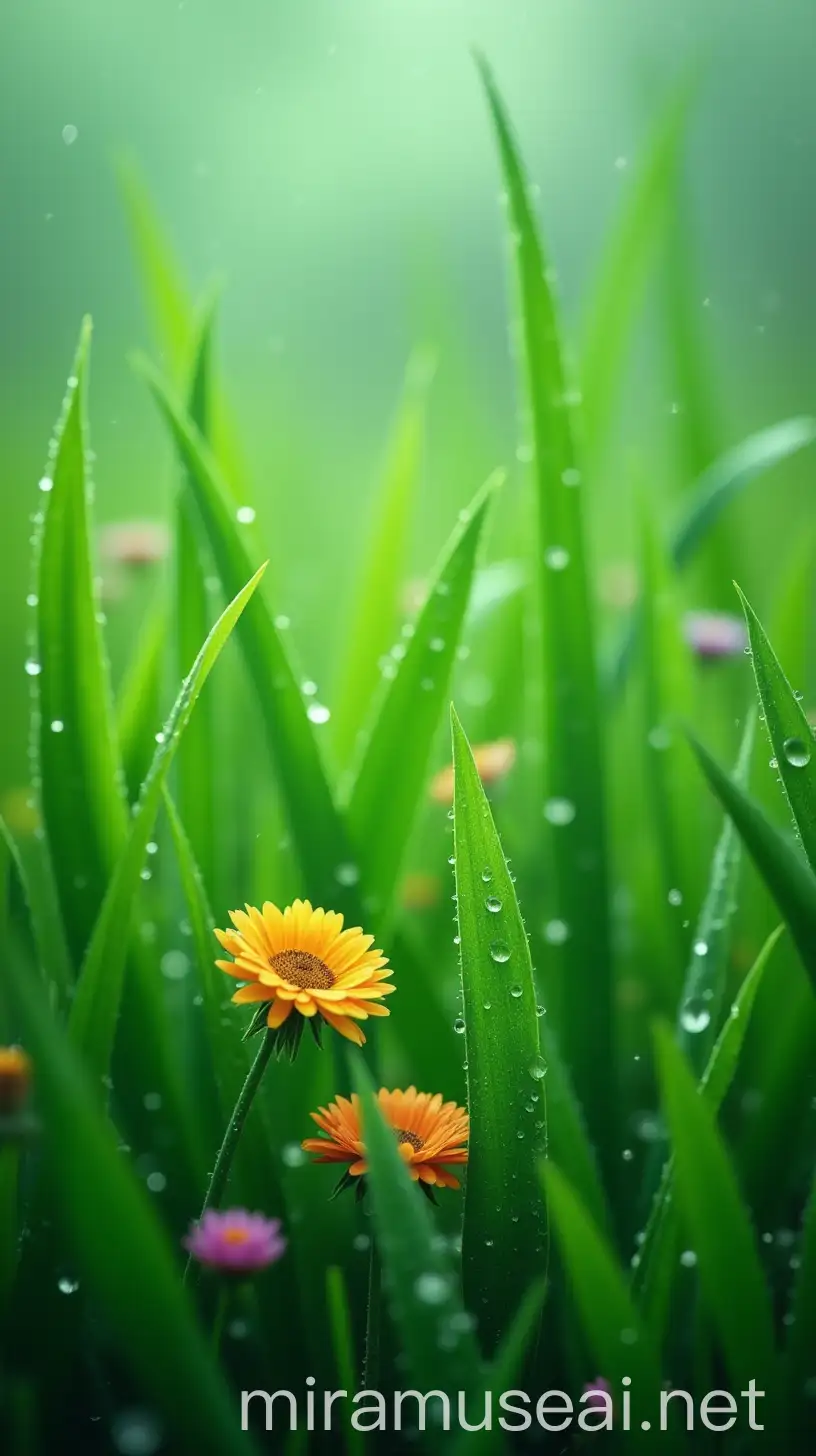 Tranquil Rainy Morning with Dewy Grass and Blooming Flowers