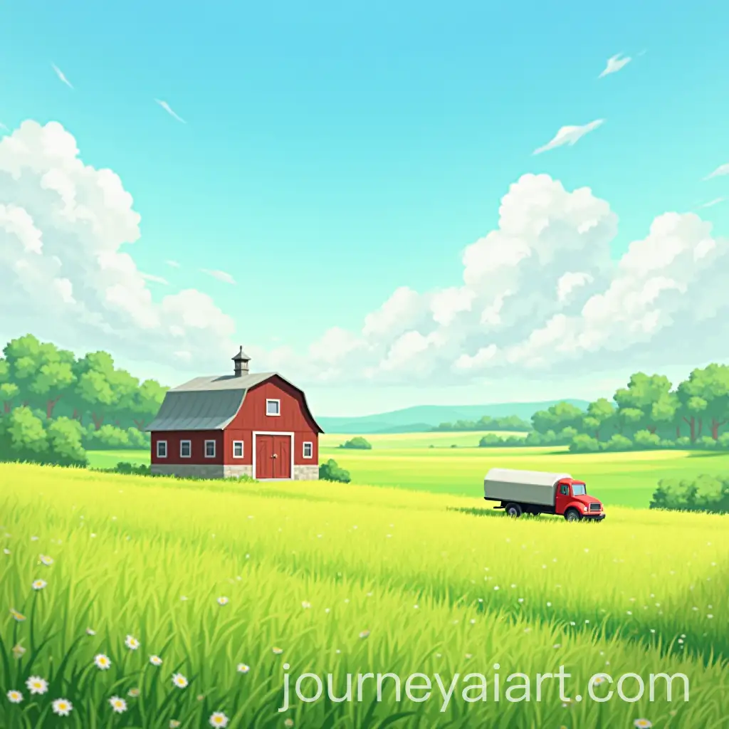 Tranquil-Anime-Countryside-Landscape-with-Barn-and-Truck-in-Field
