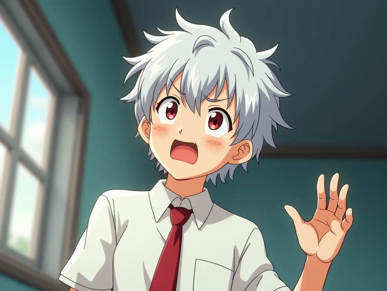 A boy in a white shirt of highschool, white hair and a red tie is making expressions, how if was relaxing on 3d ambience. A anime 1990s style.